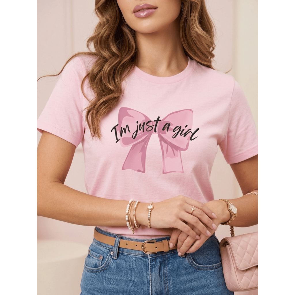 Camiseta Tshirt Blusa Laço Just Girl Patricinha Casual Estampa DTF 100% Algodão Feminina Diário Moda em Oferta na Shopee