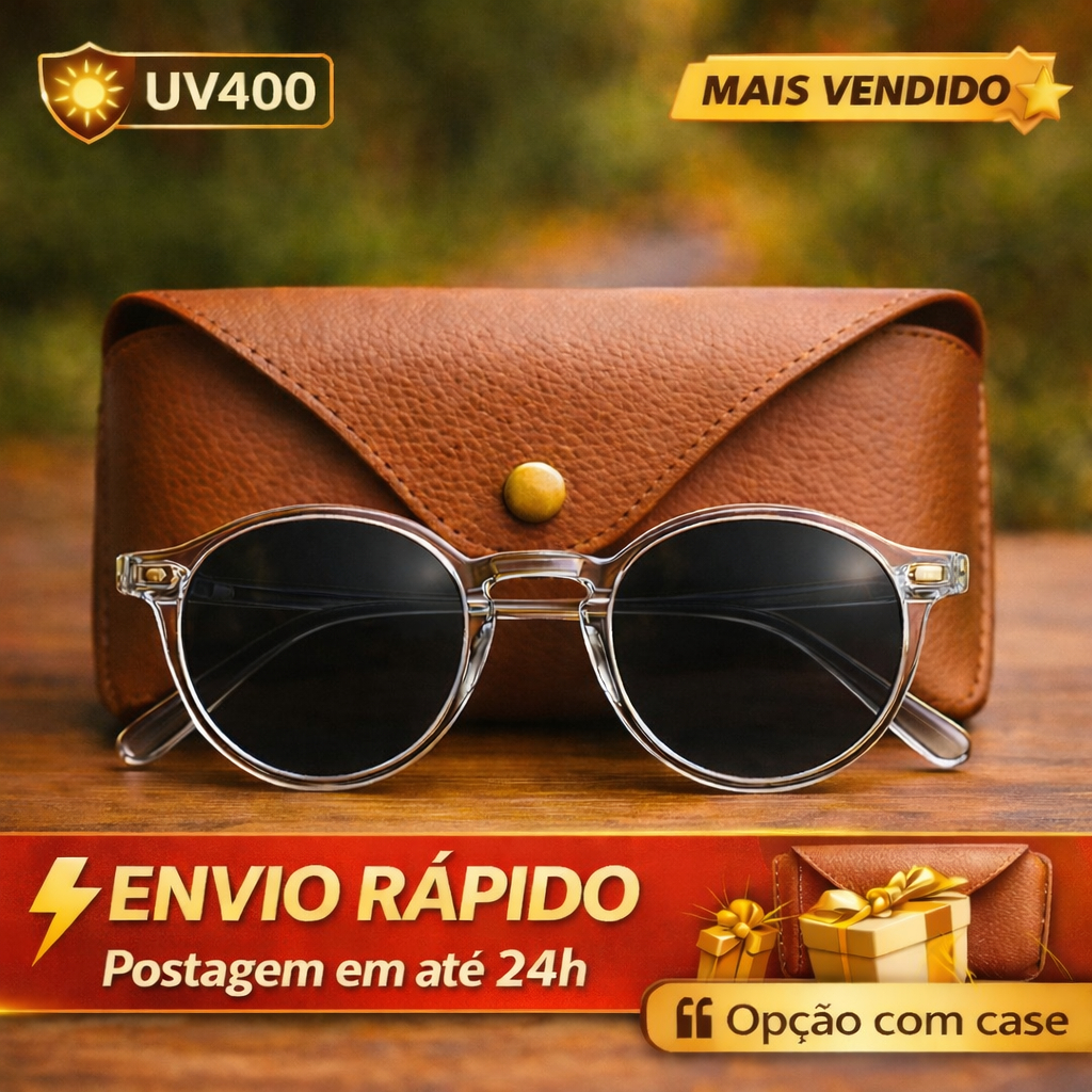 Óculos de Sol Redondo BeHaver Transparente | Lente Cinza New Gray | Unissex UV400 Clássico 2026 Moda