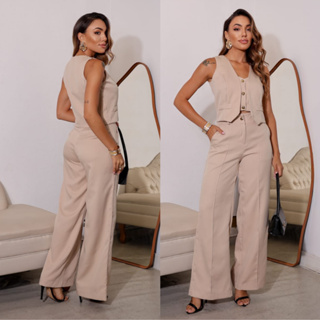 Conjunto Feminino Colete com Botões e Calça com Dois Botões Alfaiataria em Oferta na Shopee