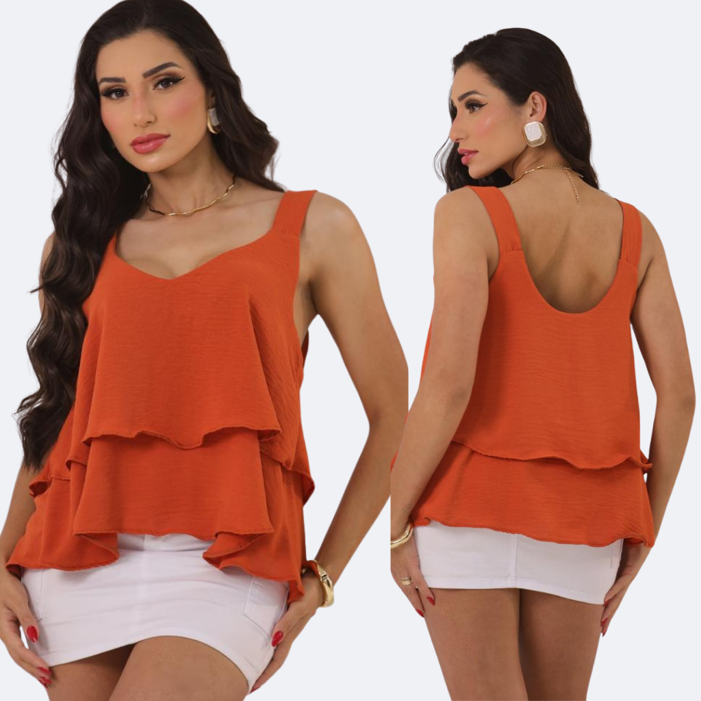 Blusa Feminina Blusinha babado Duplo Regata con Alcinha Leve Soltinha Tendencia Verão