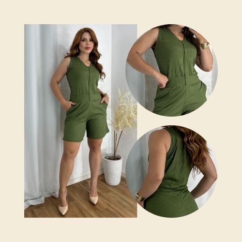 Macaquinho Feminino Zíper Frontal Com Bolso Confortável Malha Canelada do M ao GG