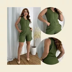 Macaquinho Feminino Soltinho Casual Curto Canelado Camiseta Com Bolso Zíper Frontal Malha Premium do P ao M ao G