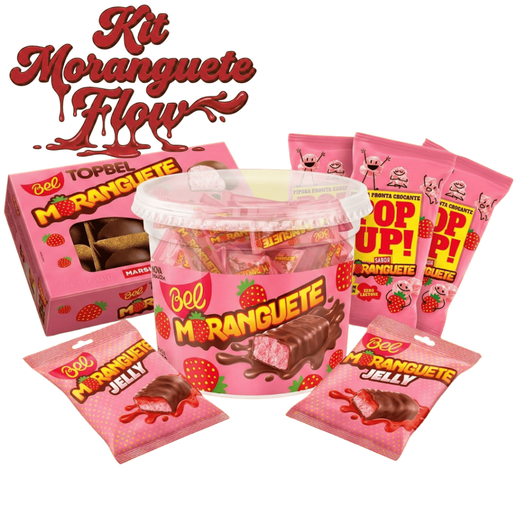 Kit Moranguete Flow 1x Pote Bombom 450g + TopBel Moranguete 12un + 3x Pipoca Pop Up + 2x Jelly 75g