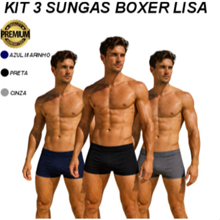 SUNGA DE PRAIA BOXER  KIT COM 3 UNID, SHORTINHO DE PRAIA UV50+, SUNGA PRAIA LISA PRETA, AZUL MARINHO, CINZA BASICA em Oferta na Shopee