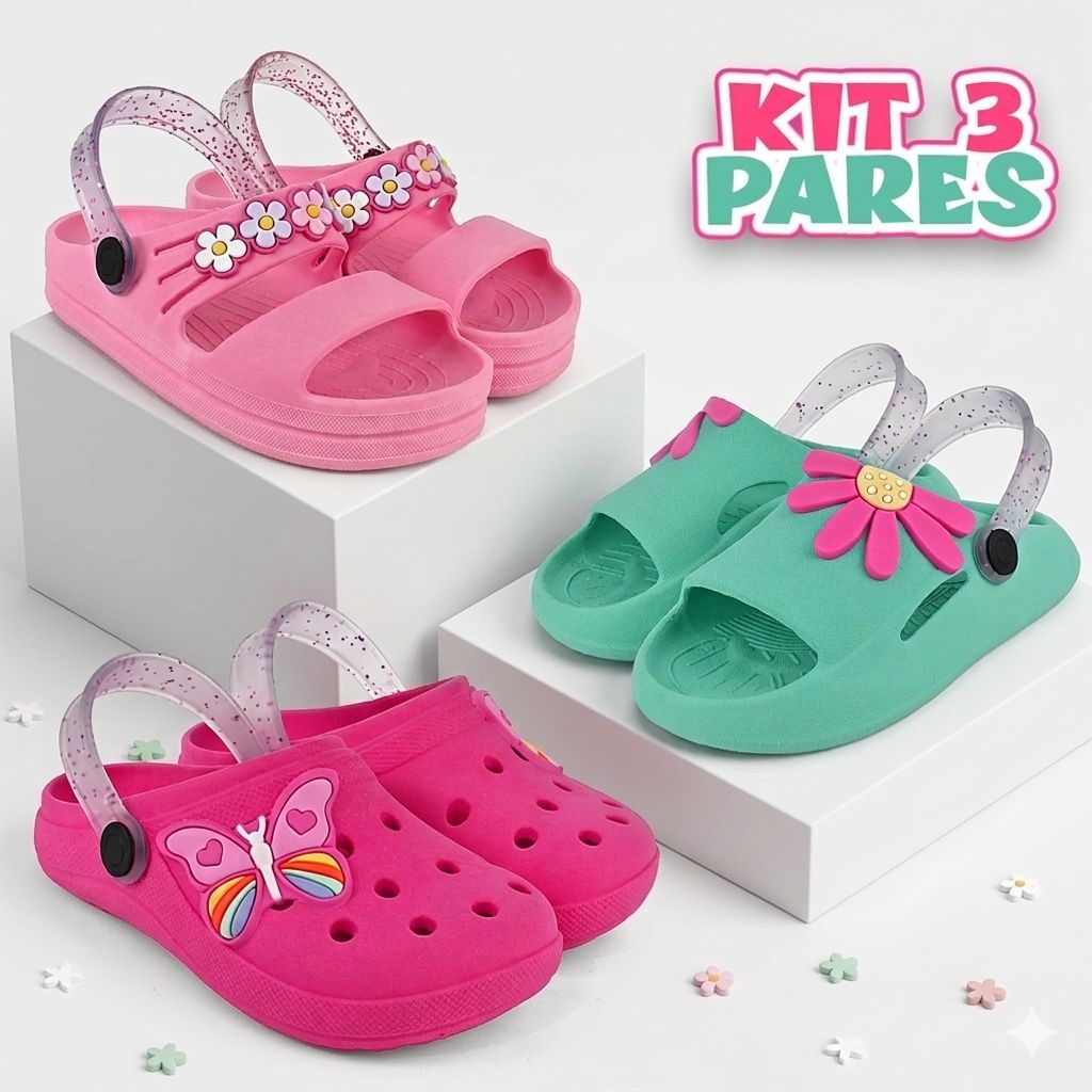 Kit 3 Pares Papete Sandália Infantil Menina Confortável Anatômica Planeta Kids