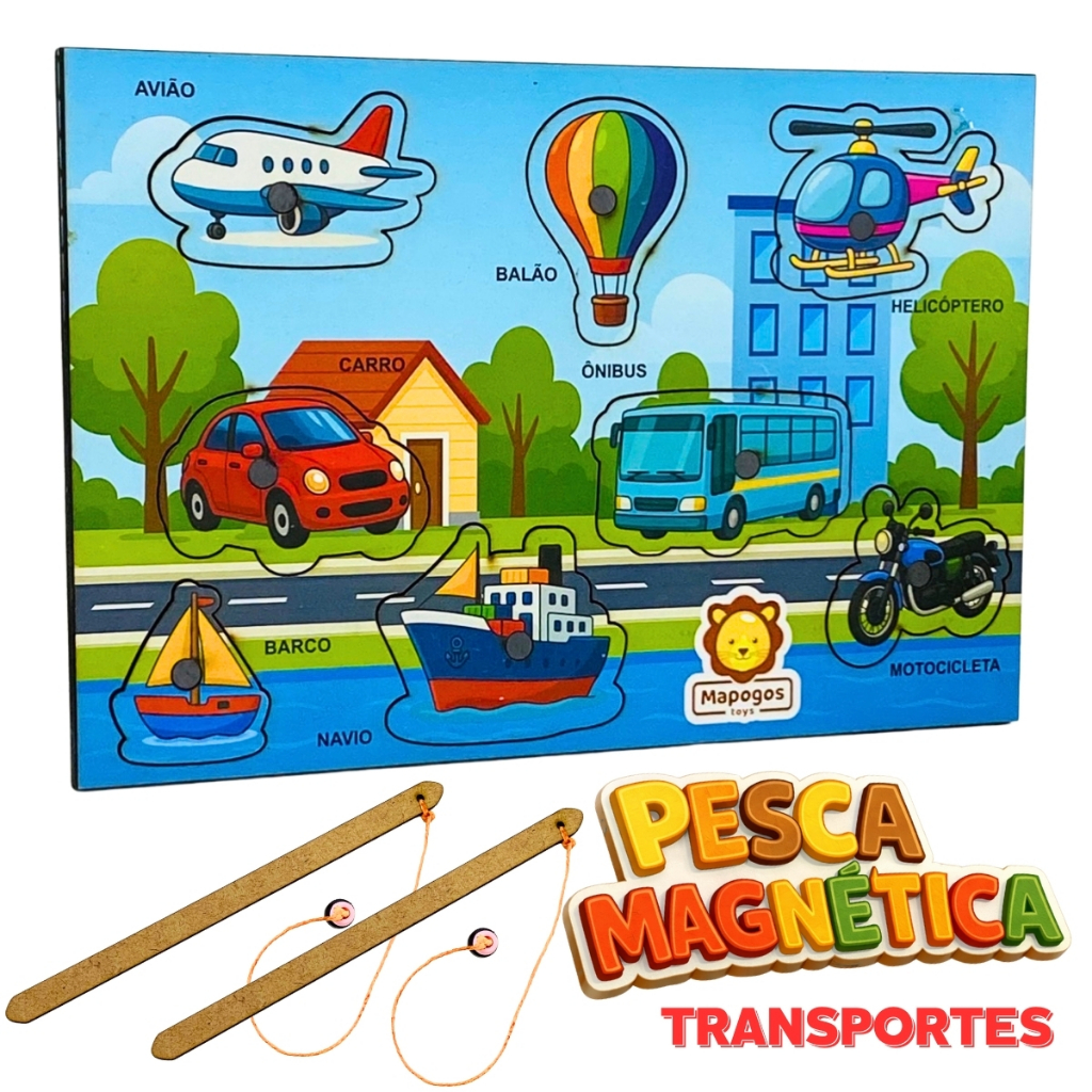 Brinquedo Pesca Pescaria Magnética Imã Transportes Carros Moto Infantil Didático MDF Tabuleiro
