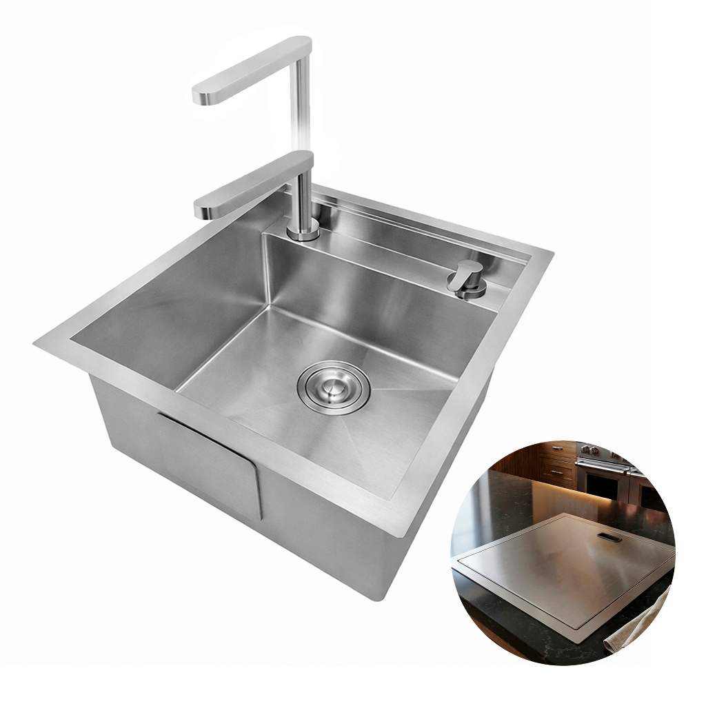 Cuba de Cozinha Hide Invisível 45x52 C/ Tampa e Torneira Misturador Completa Aço Inox Prata Brinovar