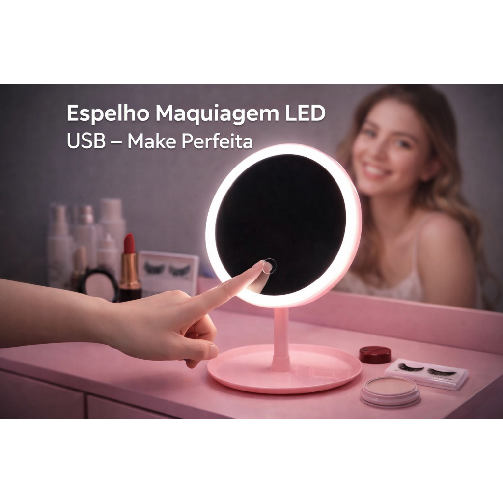 🪞✨ Espelho Maquiagem LED USB Compacto Portátil Cilios e Camarim Luz Branca para Make Perfeita ✨🪞