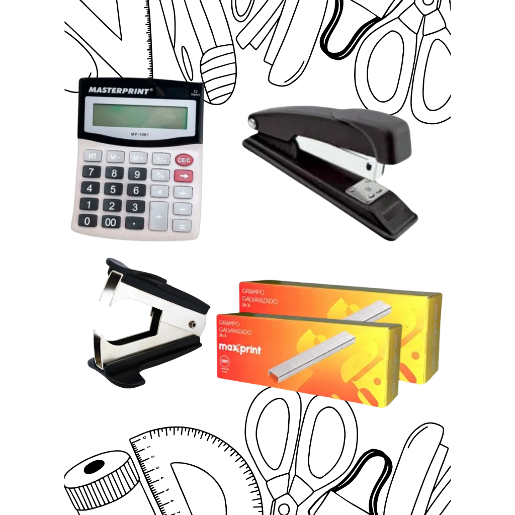 Kit Papelaria Completo c/ Calc + Grampeador + Extrator + Grampos – Escritório Escola  Home Office