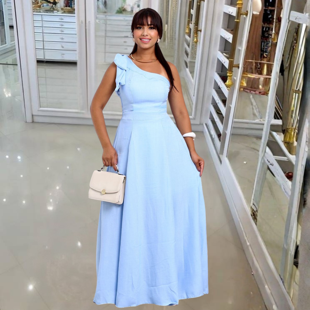Vestido Longo Feminino Duna Linho Ombro Único Elegante para Festa em Oferta na Shopee