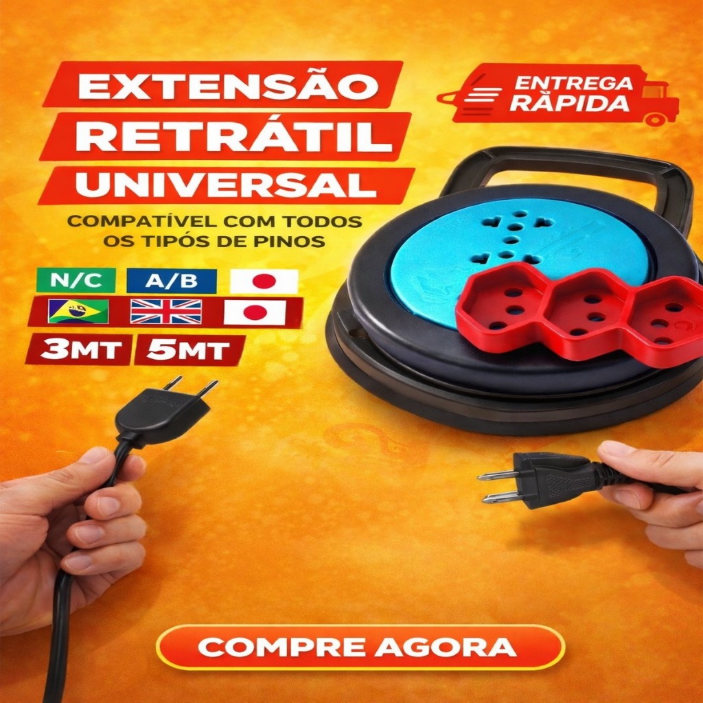 EXTENSÃO 3 em 1 COM 3/5 METROS  REDONDA RETRATIL 110-220V bivolt 3 ENTRADAS - COR SORTIDA
