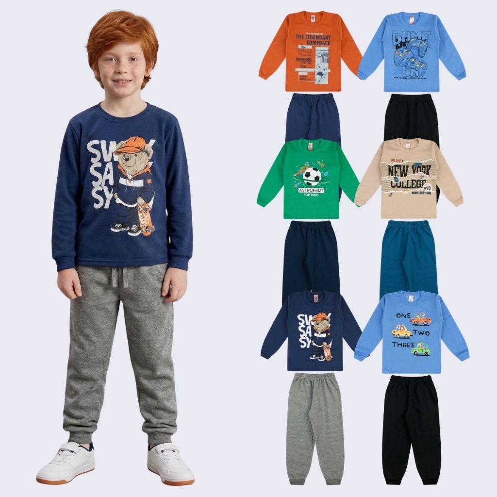 Kit 10 Peças Conjunto Moletom Masculino Infantil Inverno 5 Casaco 5 Calça 1 a 8 Menino Flanelado