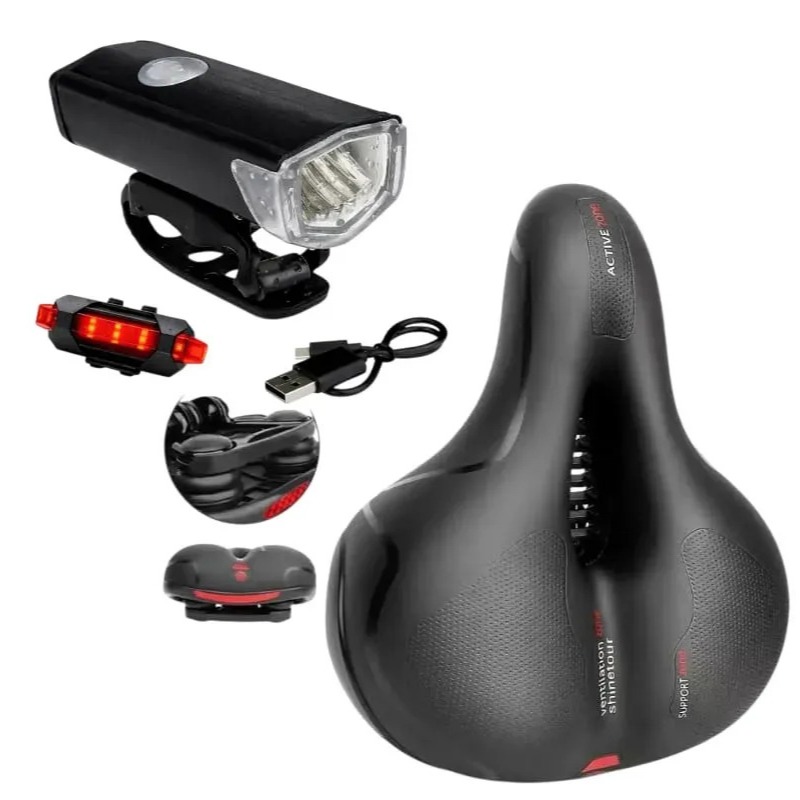 Kit Selim Assento Banco Para Bike Bicicleta + Farol Lanterna Recarregável Dianteiro E Traseiro