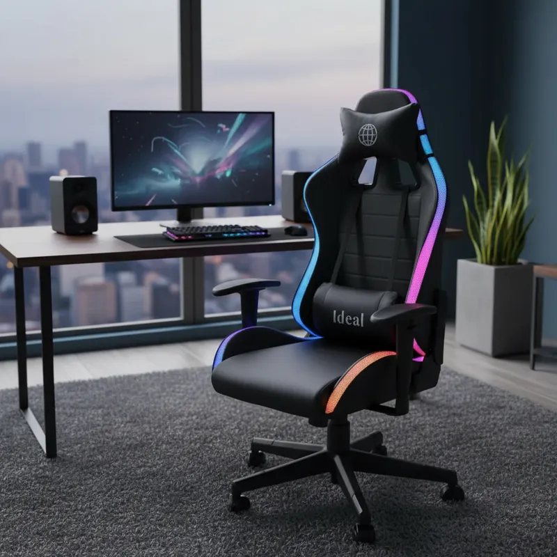 Cadeira Escritório Gamer Estofada Giratória Suporte Lombar e Cervical Ajuste Regulagem Luzes Led RGB