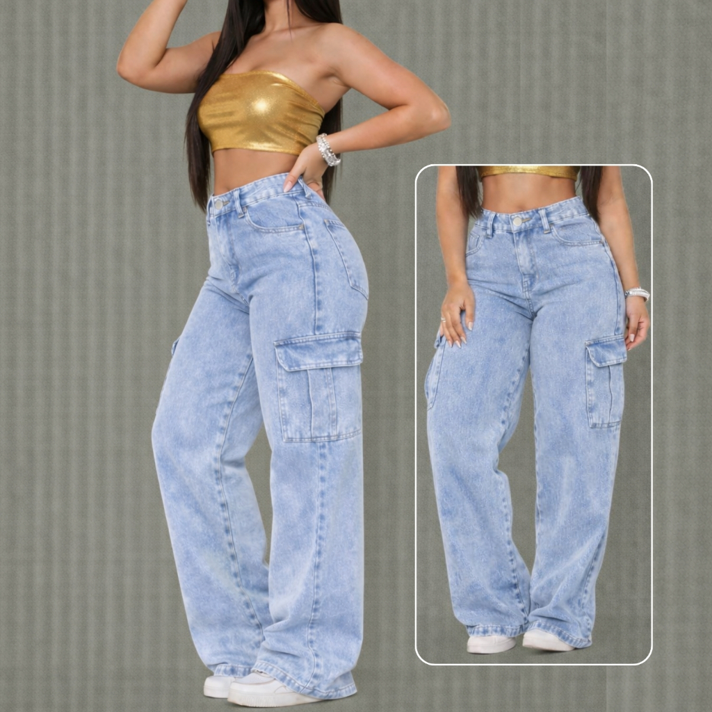 Calça Cargo Wide Leg Jeans Feminina Marmorizada Cintura Alta Sem Lycra