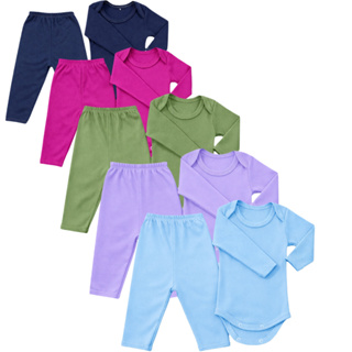 Kit 4 peças body manga longa + mijão menina e menino para bebê infantil canelado em Oferta na Shopee