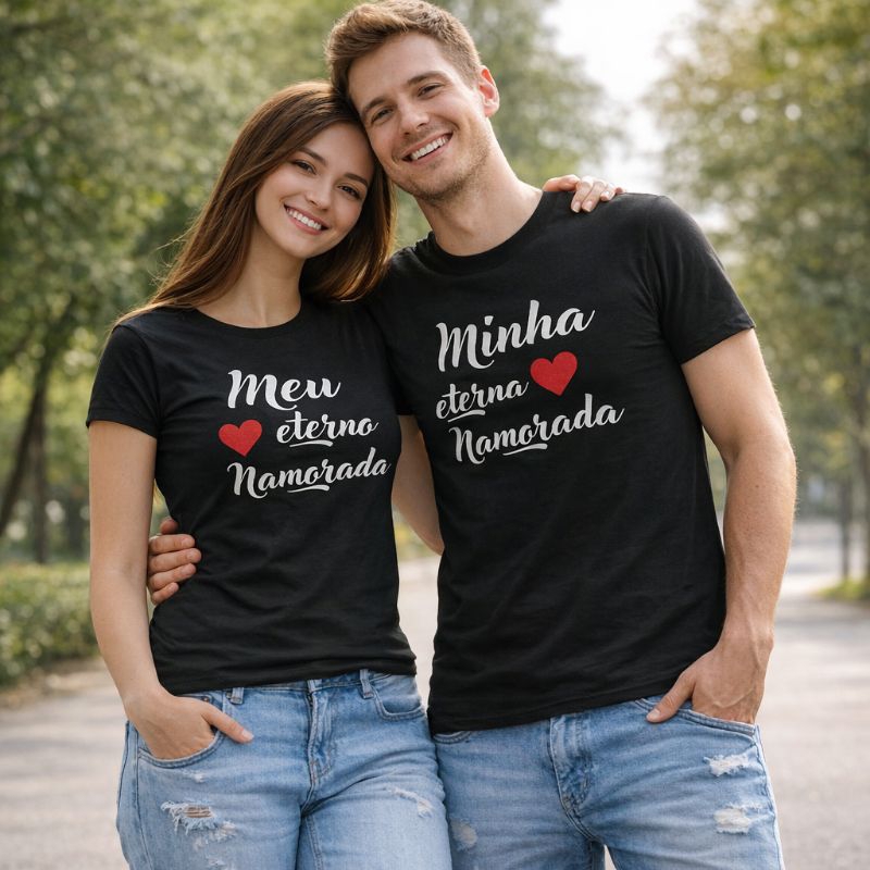 Kit Camiseta Casal Estampa Meu Eterno Namorado Minha Eterna Namorada Camisa 100% Poliéster