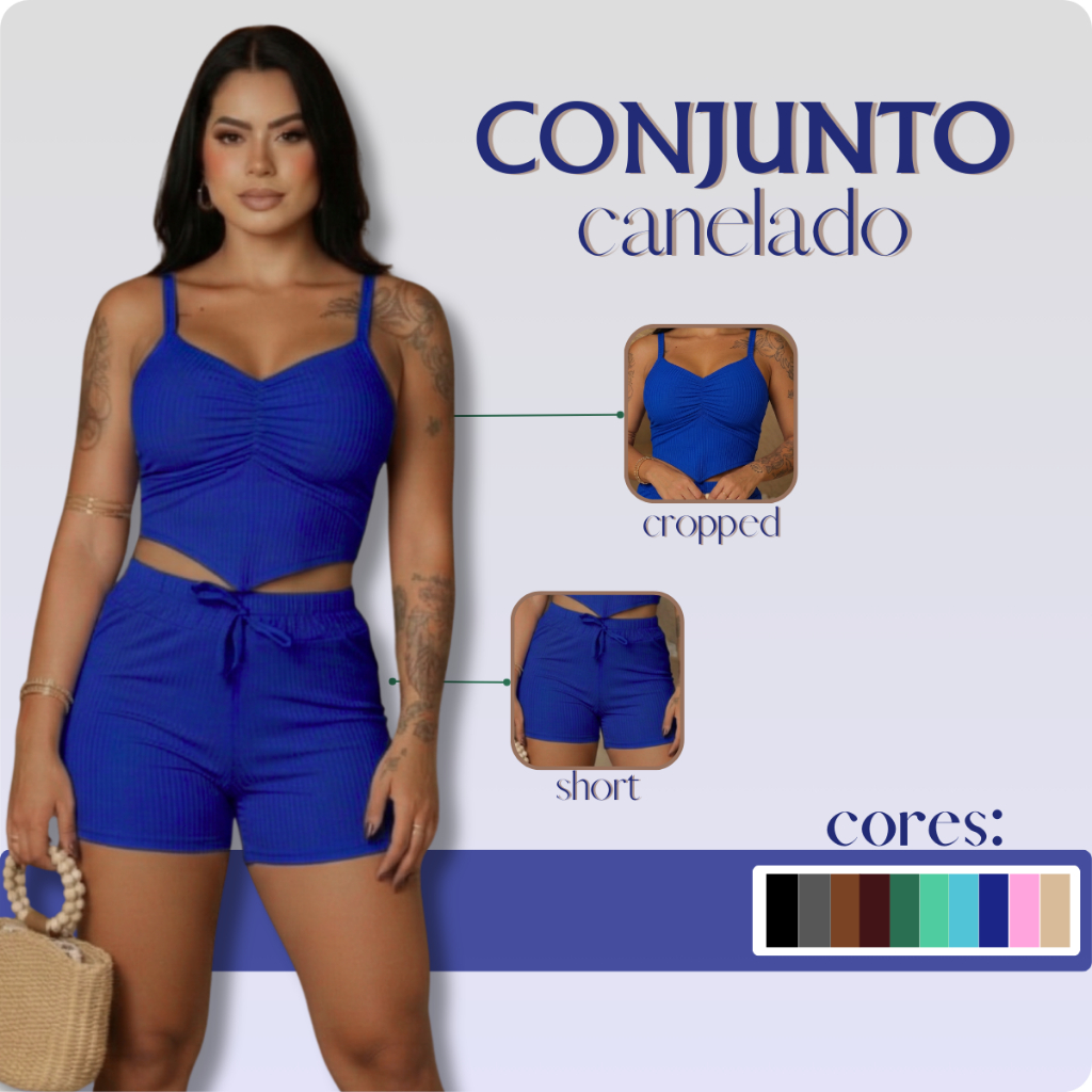 Conjunto Feminino Canelado Short e Cropped Verão Moda Estilosa em Oferta na Shopee