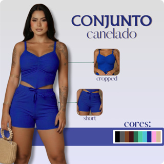 Conjunto Feminino Canelado Short e Cropped Verão Moda Estilosa em Oferta na Shopee