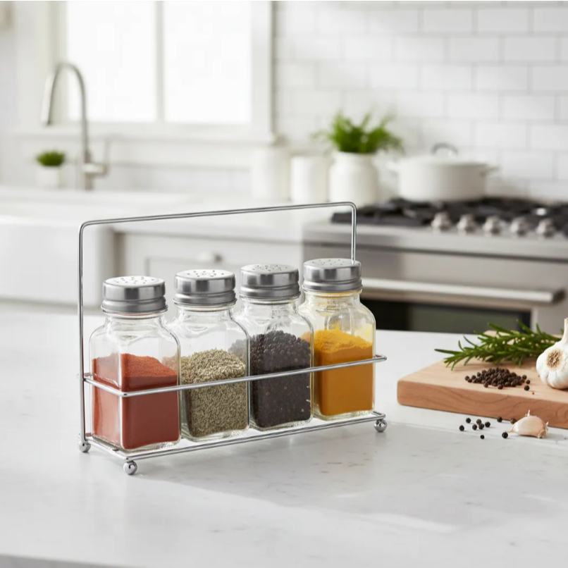 Kit Porta temperos 5 Peças em Aço inox com Suporte 100ml cada Sal, Pimenta e especiarias