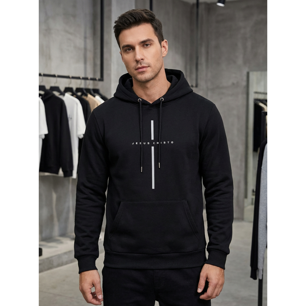 Moletom Preto Casaco Masculino Jesus Cristo P ao GG Estilo Canguru Elegante