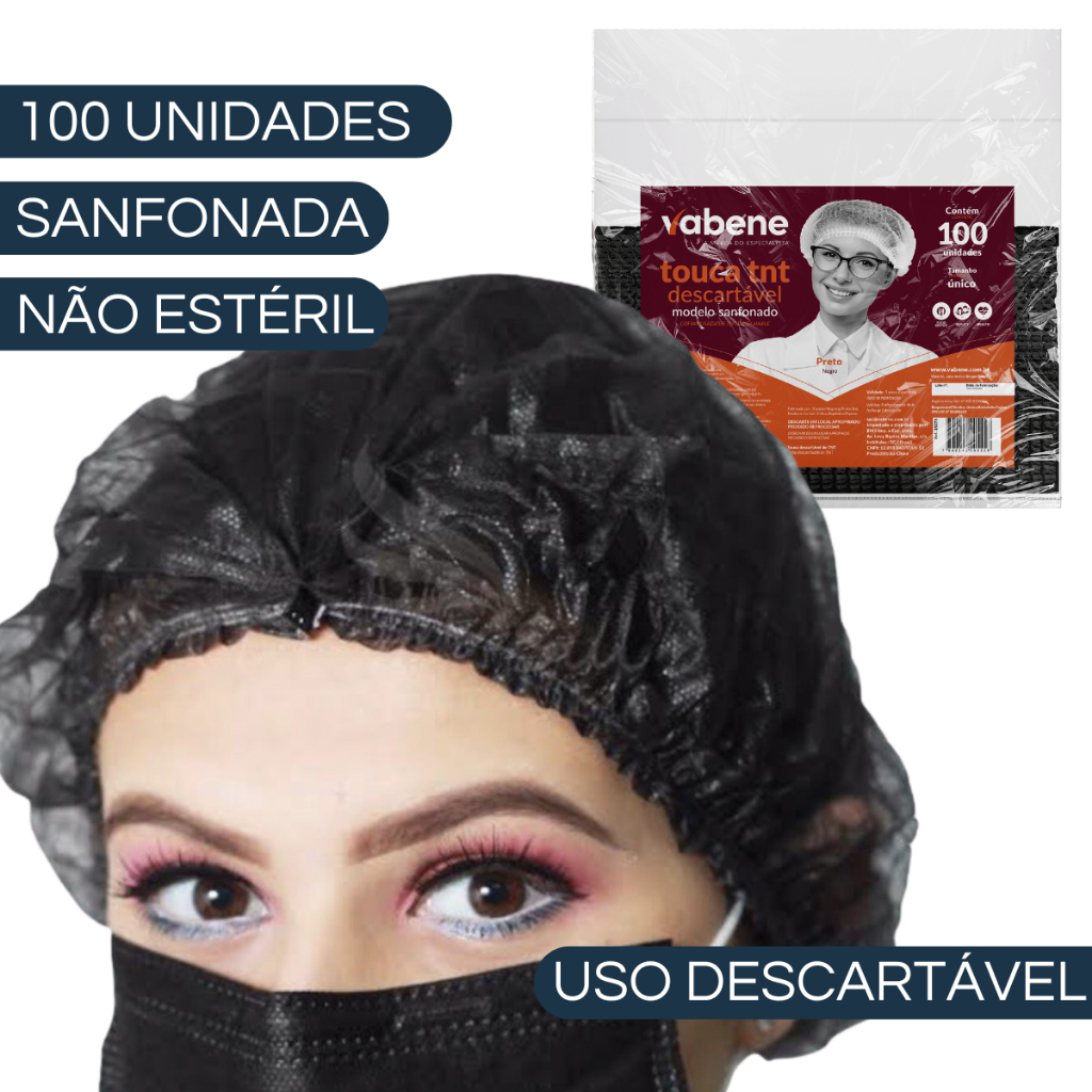 100 Toucas TNT Sanfonada Preta Descartável com Elástico Hospitalar Estética Cozinha Proteção