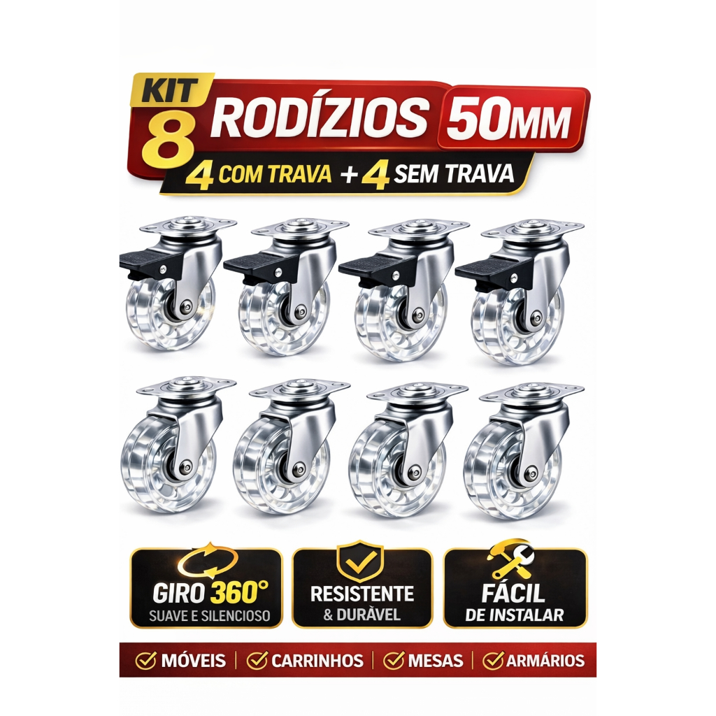 Kit 8 Rodízios 50mm 4 Com Trava 4 Sem Rodinha Giratória Para Móveis Mesa Carrinho