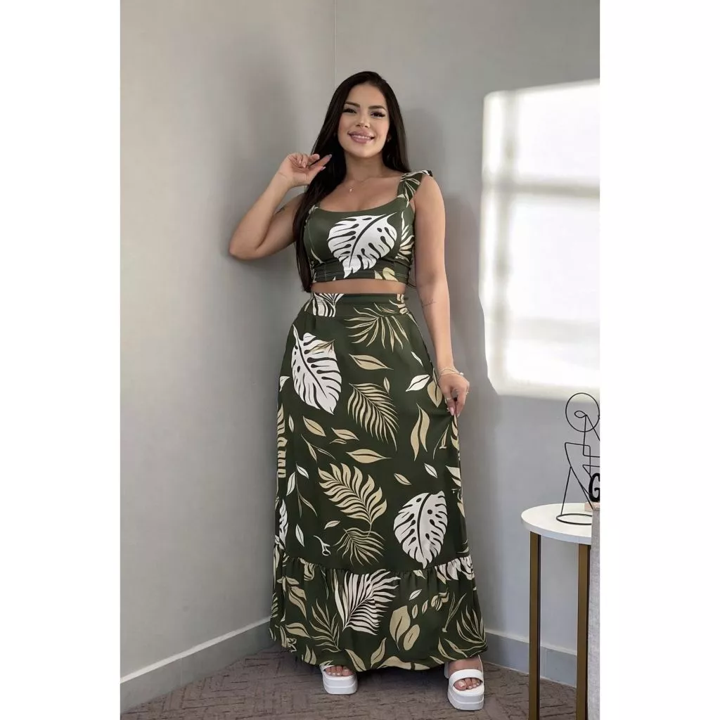 Conjunto Cropped e Saia Floral Cropd De Alcinha babado Com Bojo Tendencia Moda Feminina Verao — imagem 1
