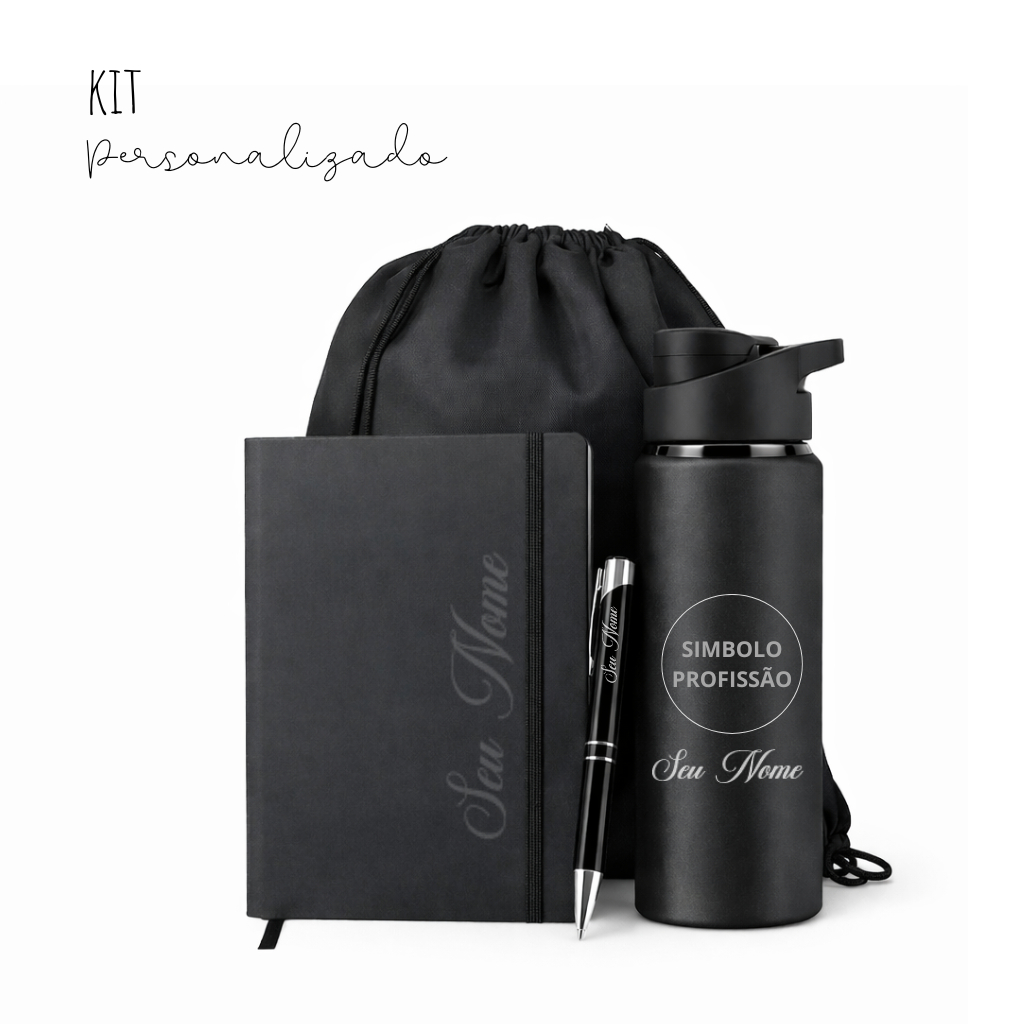 Kit Corporativo Executivo Personalizado Bolsa + Caderno + Caneta + Garrafa Squeeze 600ml com Nome Logo Brasão Profissão