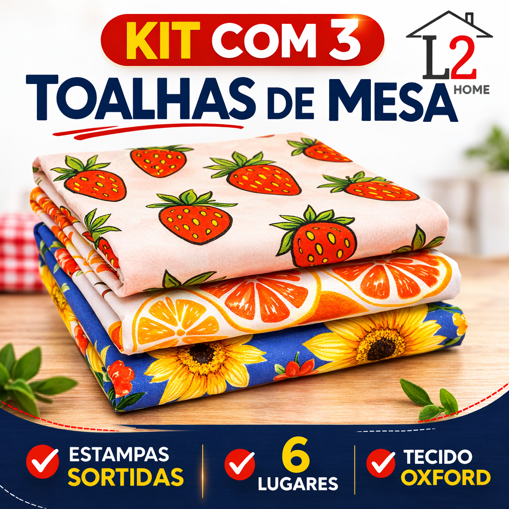 Kit 3 Toalhas de Mesa Oxford 6 Cadeiras