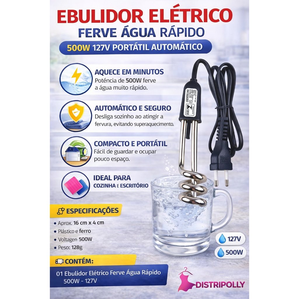 Ebulidor Elétrico 500W 127V Ferve Água Rápido Aquecedor Portátil Café C