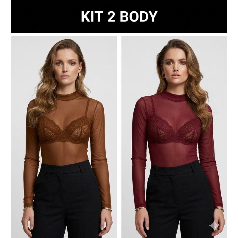 Kit 2 Body Tule Transparente Manga Longa Estilo Blogueiras Tamanho Único Moda Tendência em Oferta na Shopee