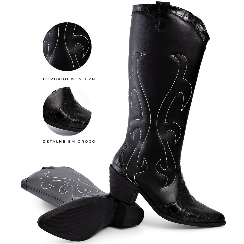 Bota Feminina Lumiss Western Texana Bico Fino Salto Grosso Croco Confortável Country