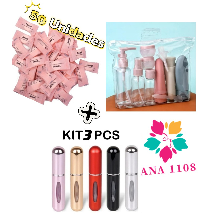 ANA 1108 Kit Viagem Frascos Reutilizáveis+Mini Perfume+Toalhas Compressas  Ideal para Viagens e Academia em Oferta na Shopee