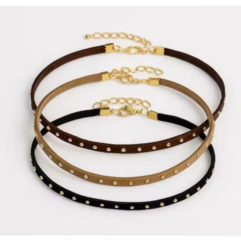 Choker Gargantilha Colar Cordão Courinho Camurça Preto,Nude,Marrom com Tachinhas Vintage Western Country
