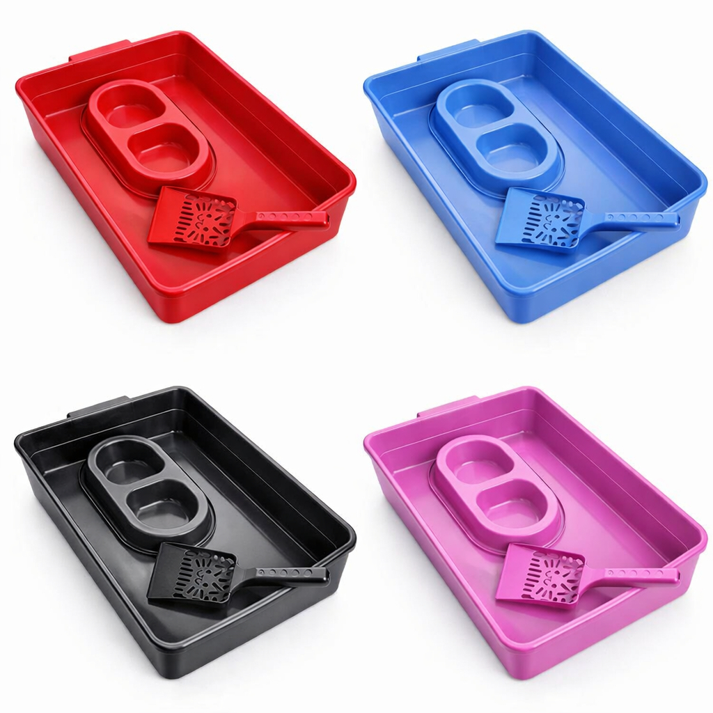 Kit Caixa de Areia para Gatos Bandeja + Comedouro Cara De Gato + Pá Higiênica