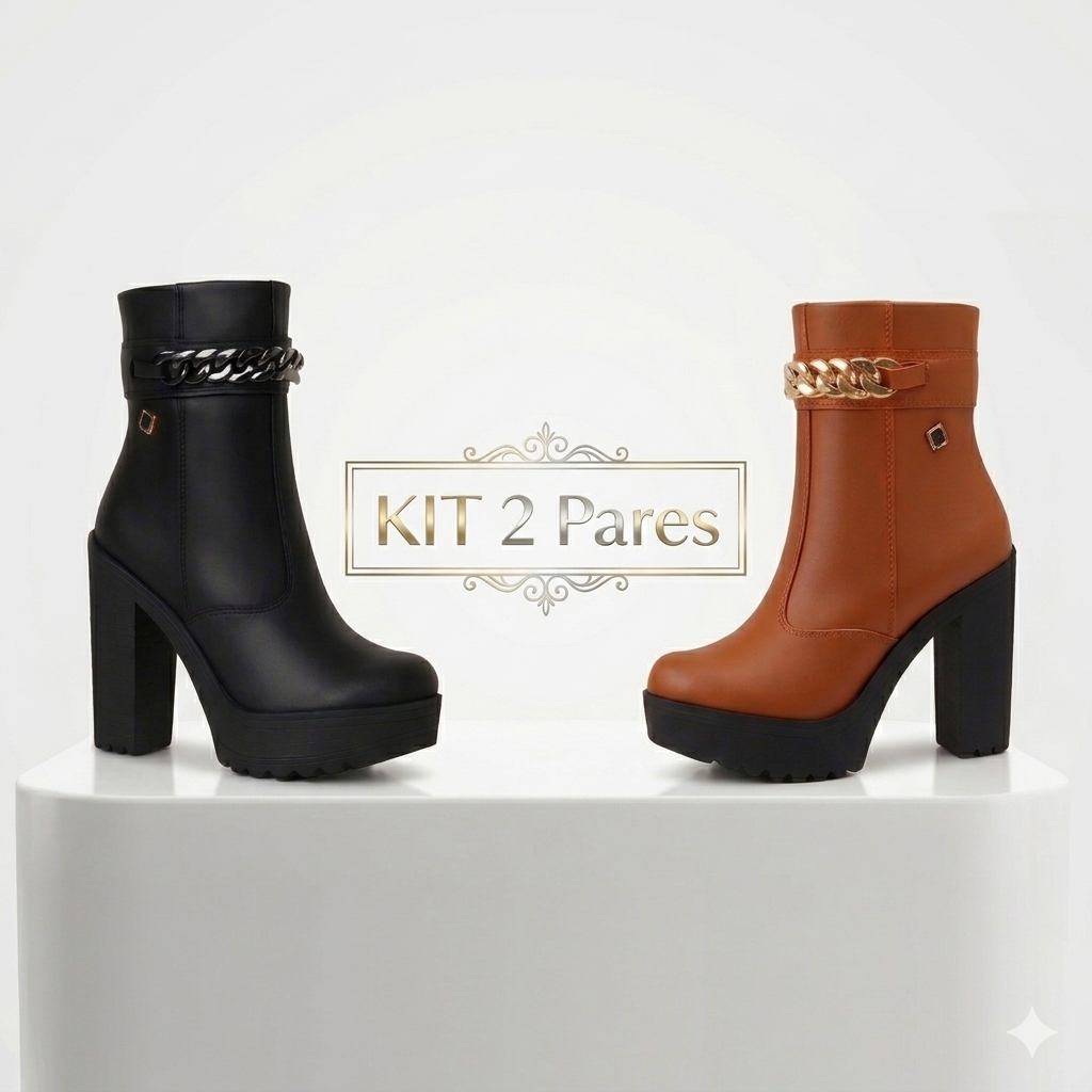 KIT 2 Pares Bota Coturno Feminina Western Metal Dourado Confortável Sola Chunky Tratorada Salto Alto