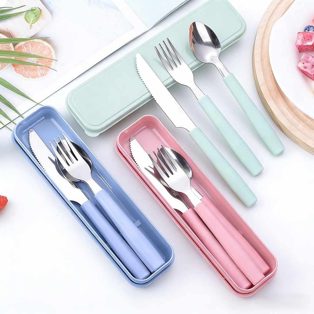 Jogo Talher 3pc Inox Estojo Garfo Faca Colher Marmita Viagem