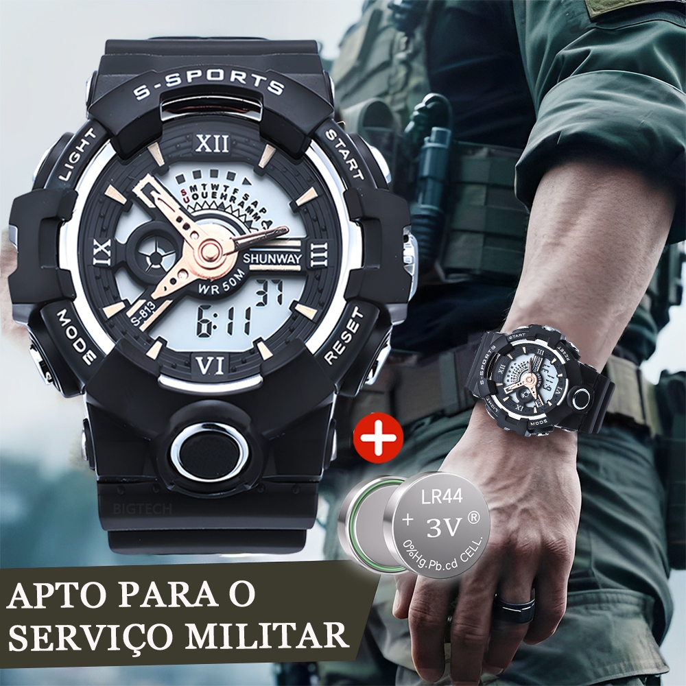 Relógio Digital Tático Masculino Cronógrafo Esportivo LED À Prova D'água  Pulseira De Silicone