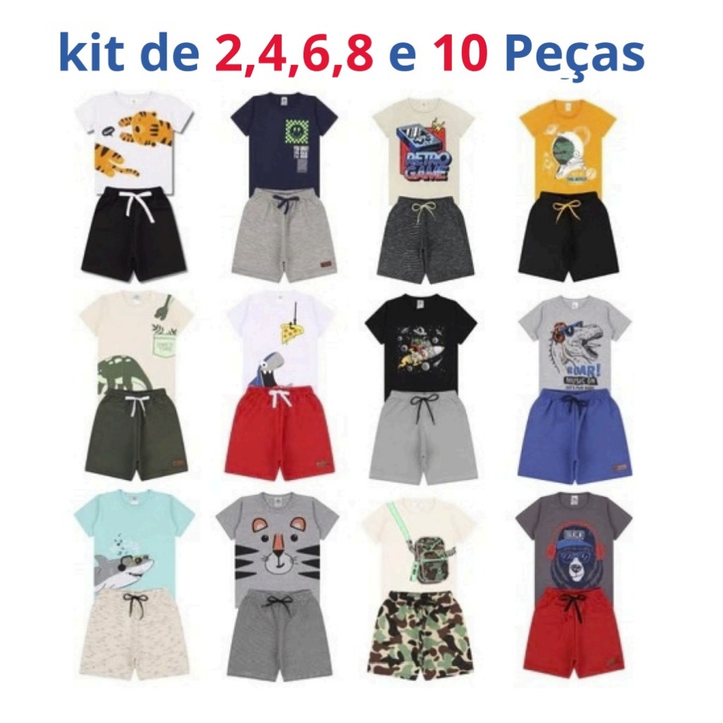 Kit 10 Peças de Roupa Infantil Conjunto Menino 5 Camisetas + 5 Bermudas-Kit com 5 Conjuntos