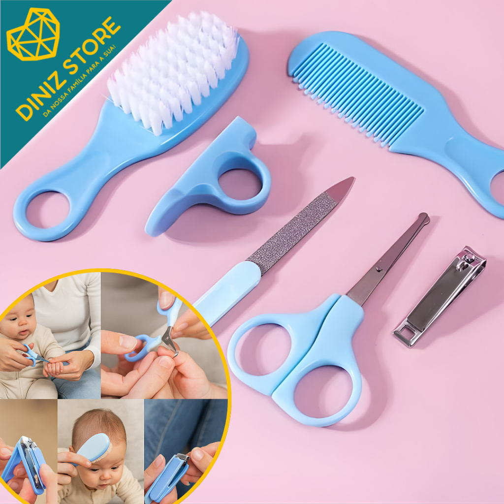 Kit 06 Peças Higiene Pente Cuidados Bebê Cortador Alicate Lixa Limpeza Escova Tesoura Toalha