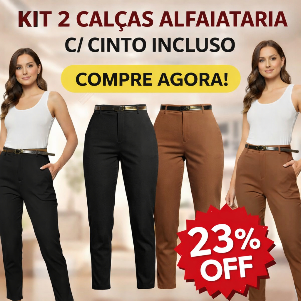 Kit 2 Calças Alfaiataria Feminina Social Premium Com Cinto Incluso Cintura Alta Com Bolso PROMOÇÃO