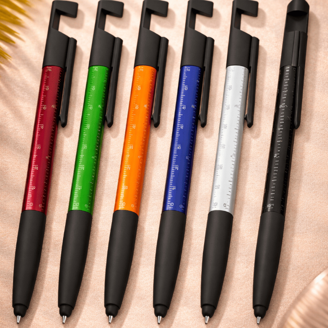KIT 5 ou 10 Caneta Multifuncional com Régua 7cm, Stylus Touch, Suporte Celular e Limpador de Tela