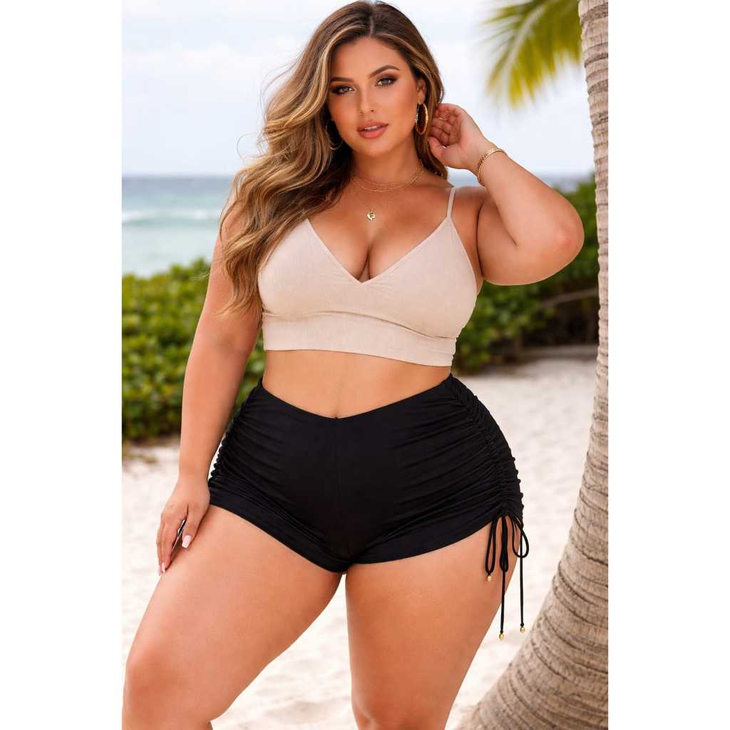 Short Plus Size Sunkini Com Ajustes nas Laterais Amarrar Praia Academia