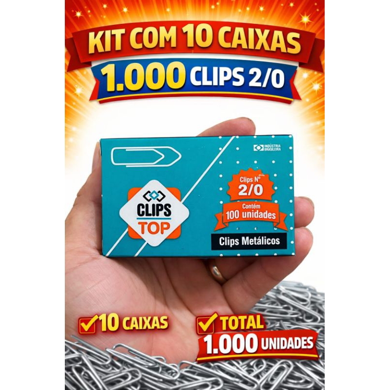 Kit 10 Caixas Clips Metálicos 2/0 - 1.000 unidades de Clips Para Papel Escritório Papelaria
