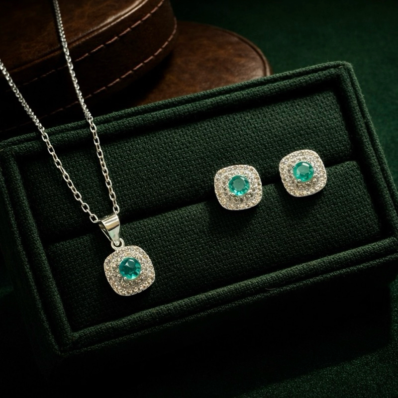 Conjunto Joias Verde Água Prata 925 Gargantilha e Brincos Cravejados Feminino Elegante