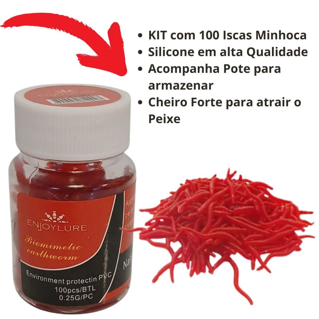 Kit Pote 100 iscas artificiais equipamento de pesca Minhoca Silicone Macio