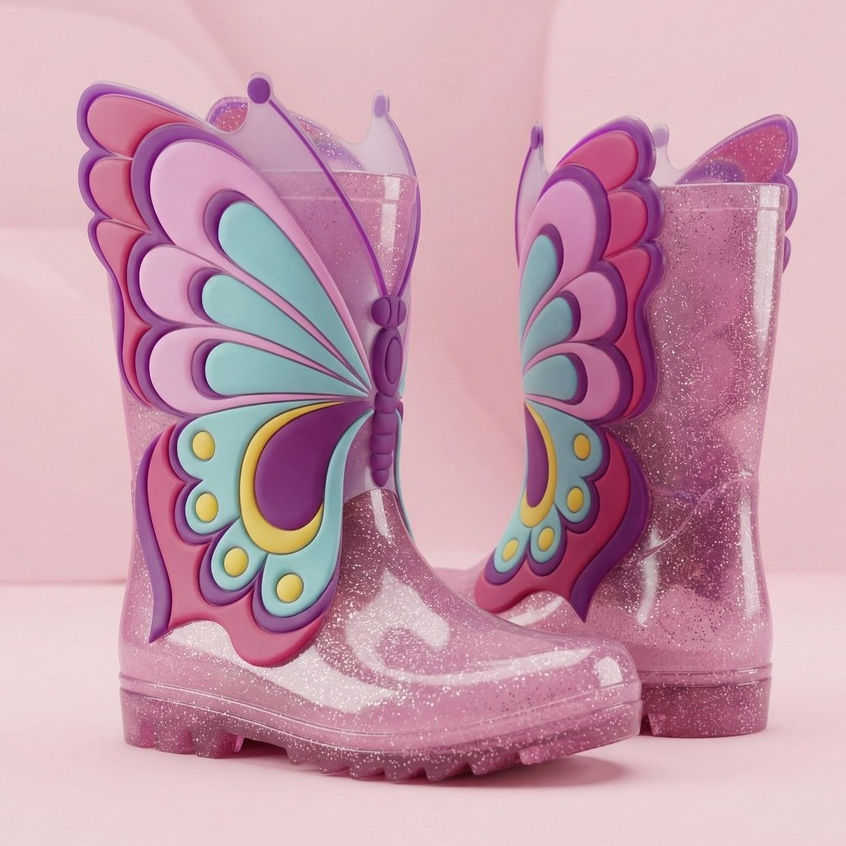 Bota Infantil Galocha Femininas Menina Cano Alto Impermeável Borboletas Alta Estilosa