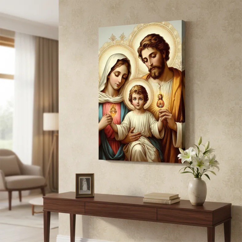 Quadro Decoração Arte Sacra Realista Fé Católica Imagem Sagrada Família Canvas 60x40