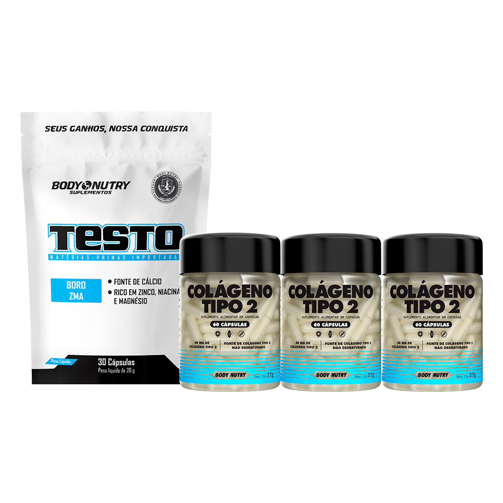 Kit 3x Colagenos Tipo 2, 60 cáps + Testo, refil 30 cáps - Para Articulações, Pele, Cabelo e Unhas